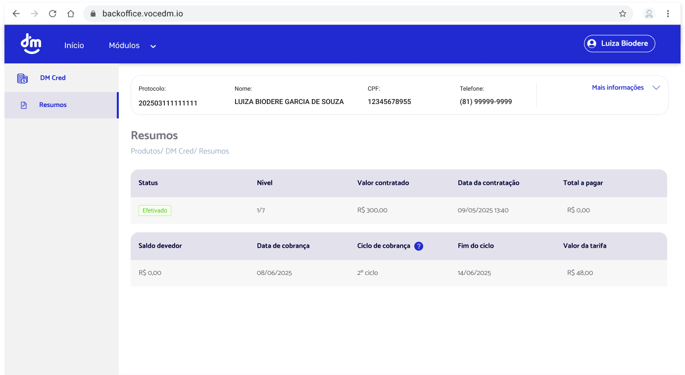 Credit module dashboard
