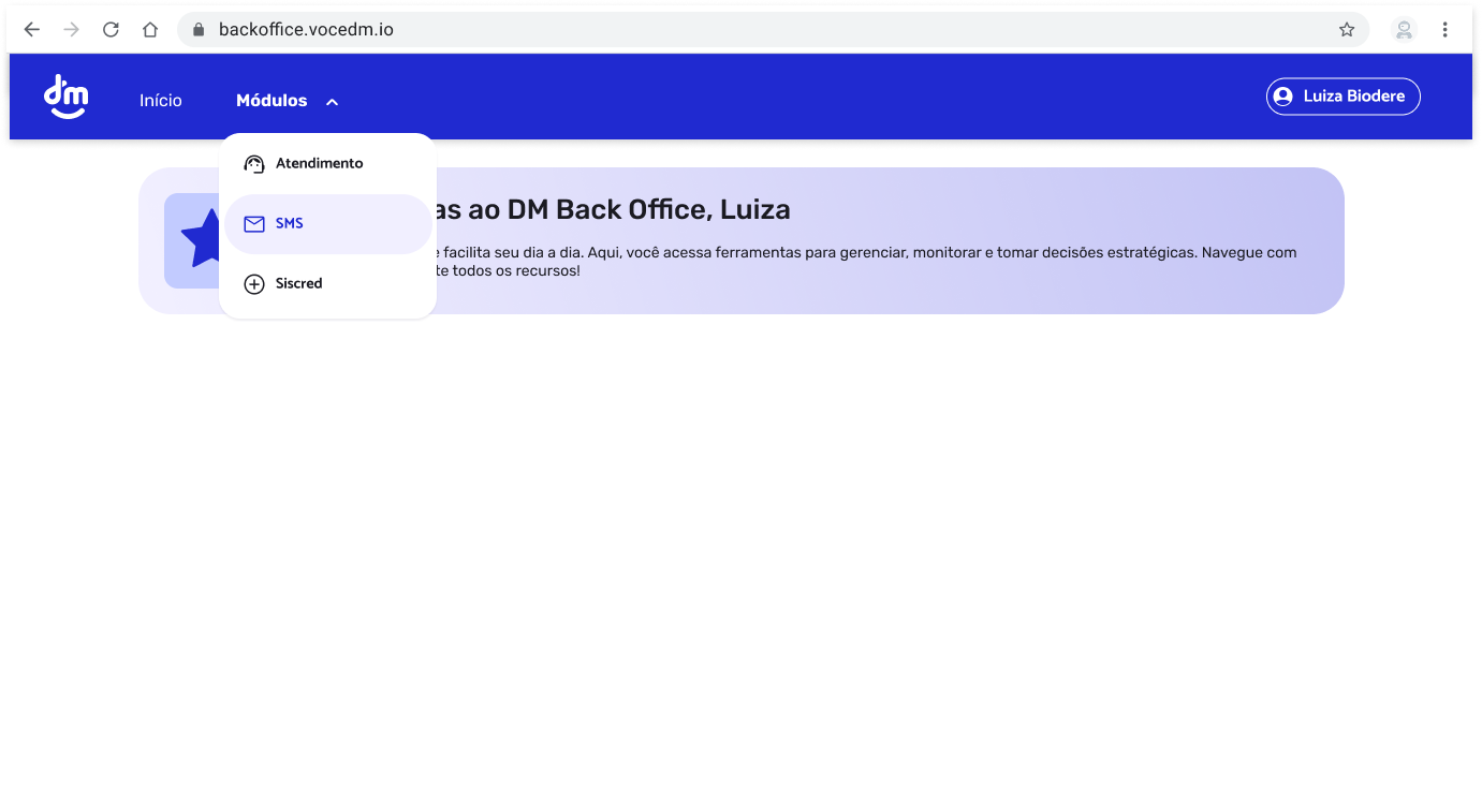 Home page with module navigation