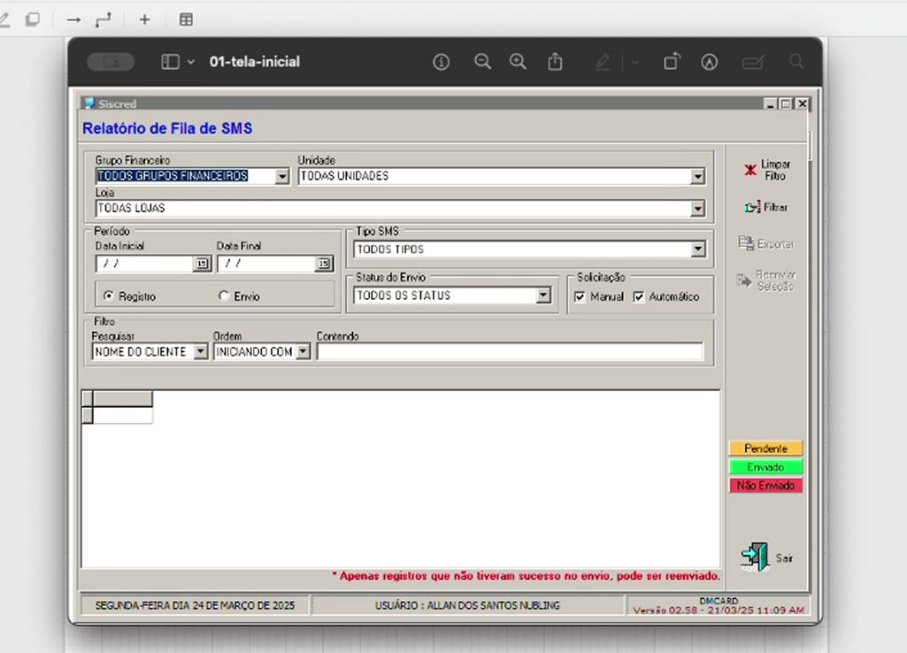 Legacy SMS report — main screen