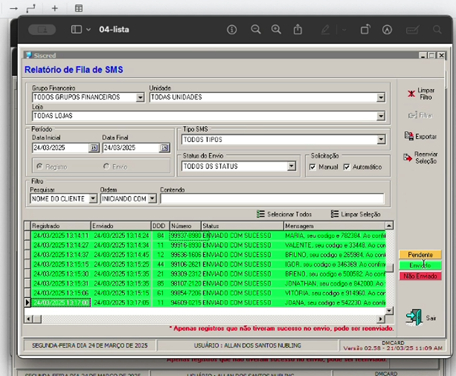 Legacy SMS report — results table