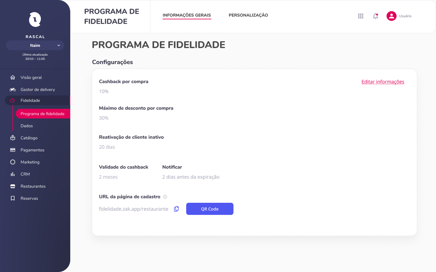 General Settings screen showing cashback configuration and program rules